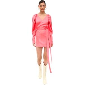 NWT Rotate Birger Christensen No.31 Puff Sleeve Wrap Dress Satin Pink Small